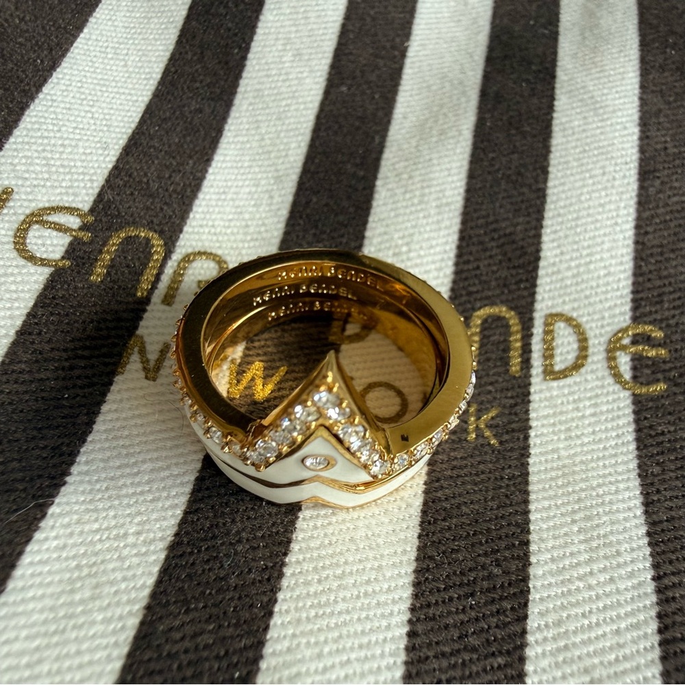 FINAL PRICE NWOT Henri Bendel 7 White Enamel Gold Tone Trio Stacked Rings Stack - Picture 7 of 11
